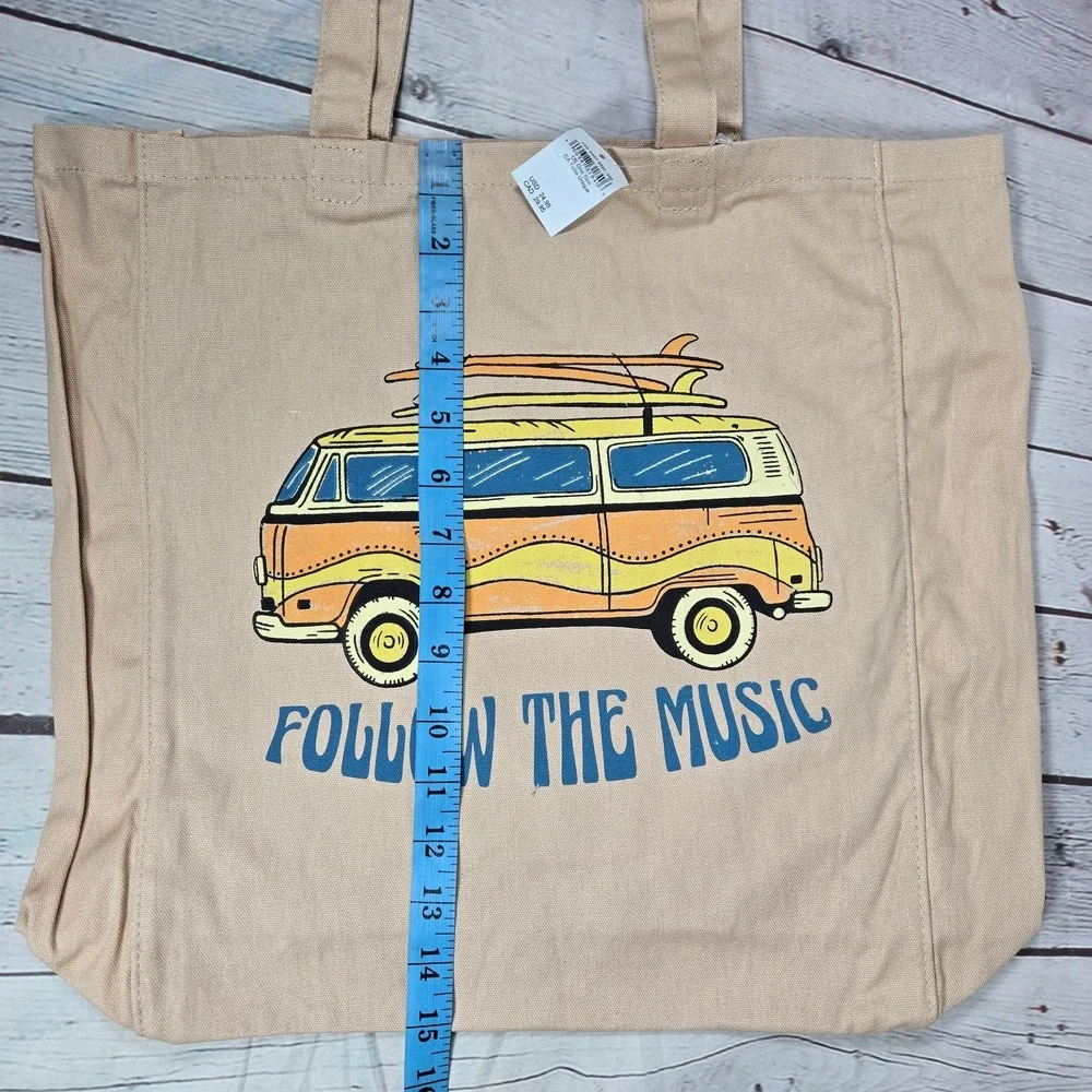 American Eagle Canvas Tote Bag Follow The Music Van Surfboard Graphic‎ Beige
